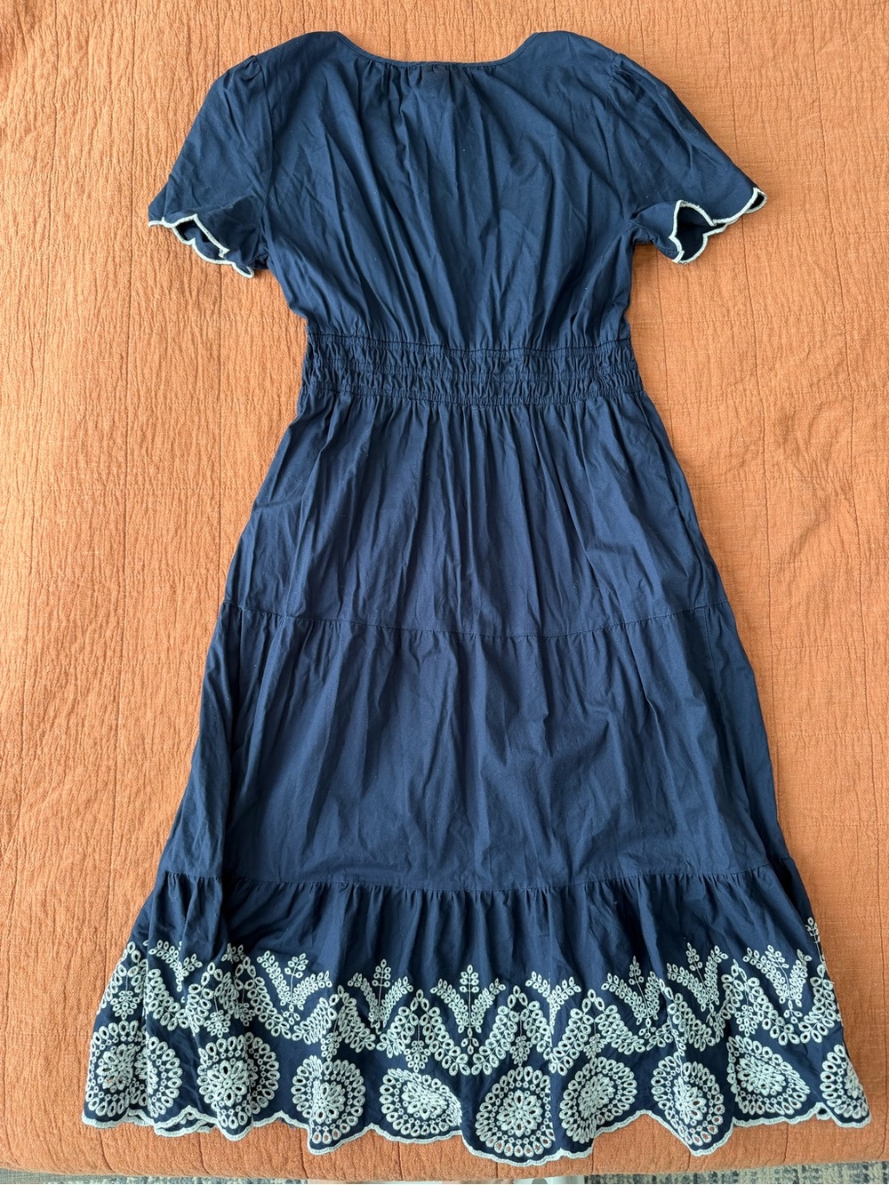 Cynthia Rowley Scalloped-Trim Tiered Maxi Dress L Navy Blue Cottage Coastal Boho - Picture 5 of 10